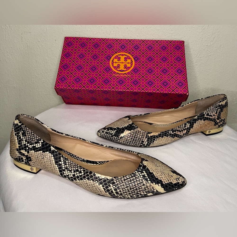 Authentic Tory Burch Leather Snakeskin Pointed Toe Flats sz 10